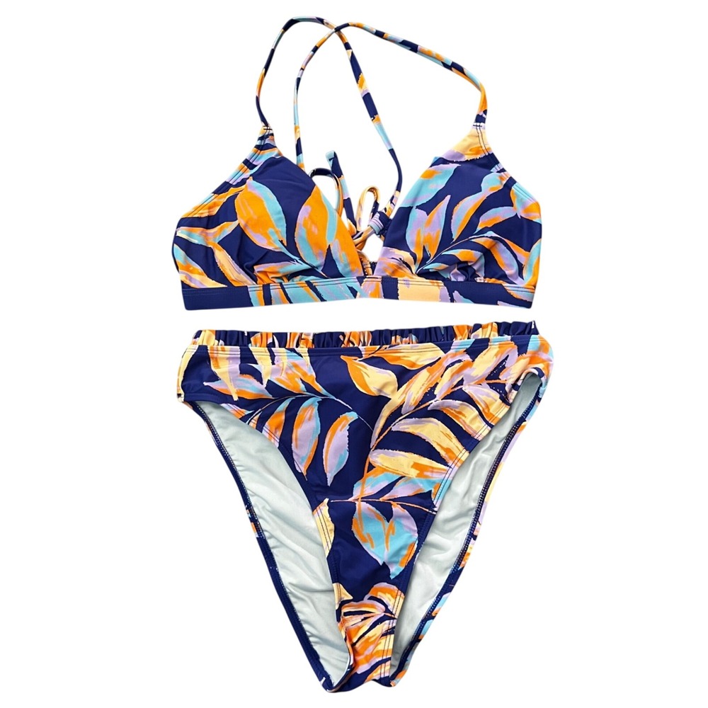 CUPSHE Womens Tropical Leaf High Waisted Bikini Set Blue Orange M CAA12C3G124ZZ